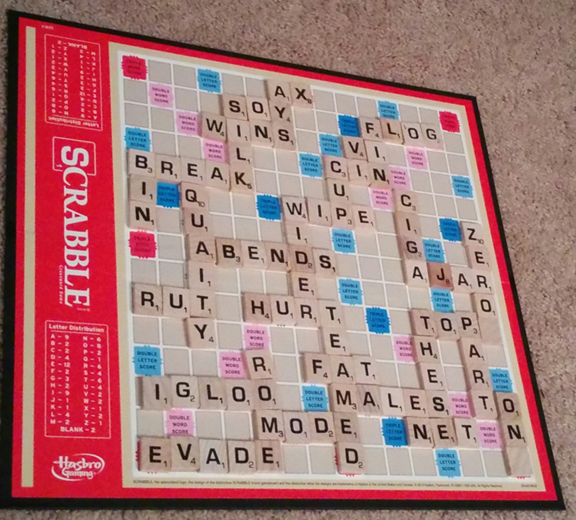 Scrabble board with similar tile and board colors