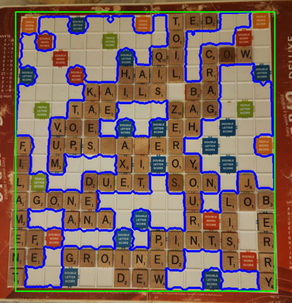 Scrabble board contour detection using a color mask for the board