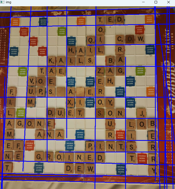 Scrabble board with detected gridlines from Hough transform