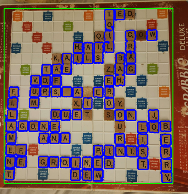 Scrabble board tile contour detection using a color mask